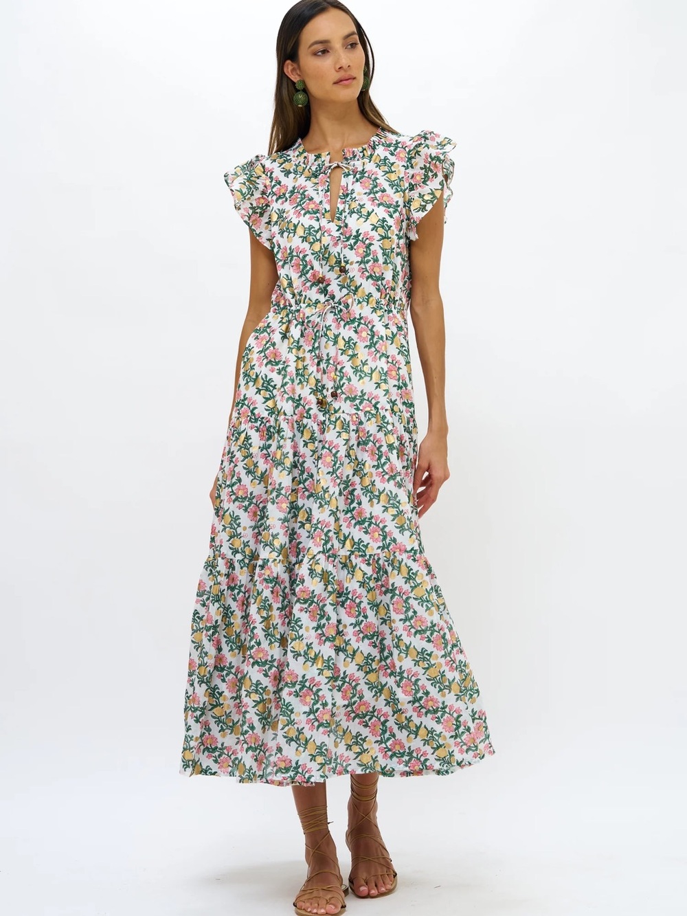 Oliphant Floral Ruffle Sleeve Midi/Maxi Dress in White and Pink